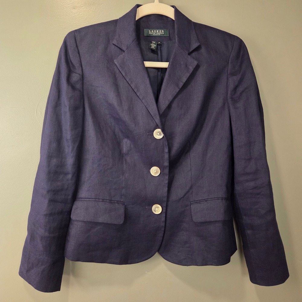 Lauren Ralph Lauren Women's 100% Linen Blazer Jacket Navy Blue Size 6P